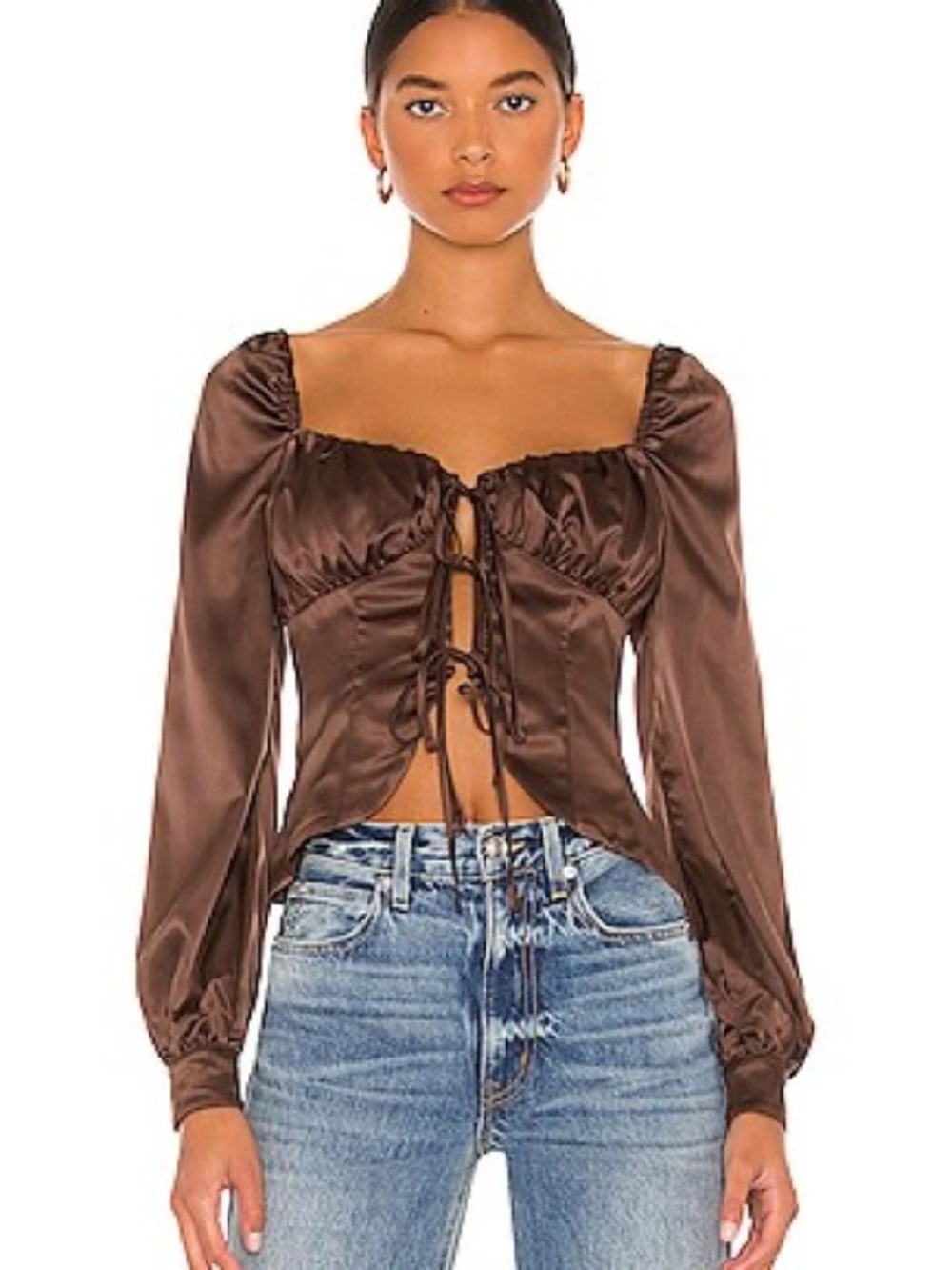 MAJORELLE Brown Satin Lace-Up Square Neck Blouse